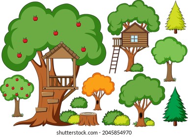 Outdoor garden decoration set with a big tree illustration