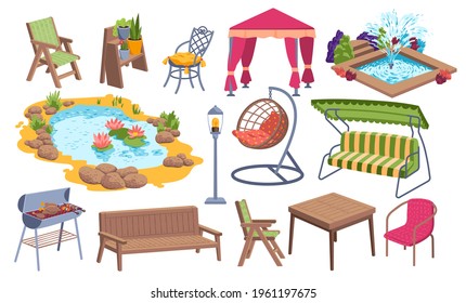 Outdoor Garden Furniture Icon Set, Water Pond Place, Bbq Stuff And Relaxing Backyard Object Cartoon Vector Illustration, Isolated On White.