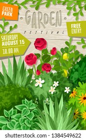 Outdoor garden landscape isolated plants cartoon vertical frame poster. Summer and spring flowers in garden. An invitation to the festival of gardening on a wooden background