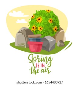 Outdoor garden landscape isolated plants, stones, garden tools compositions on a white background. Bushes and stones with inventory. Spring planting vector illustration