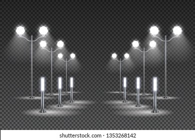 Outdoor garden lighting design with tall lanterns and solar led street lights dark transparent background vector illustration