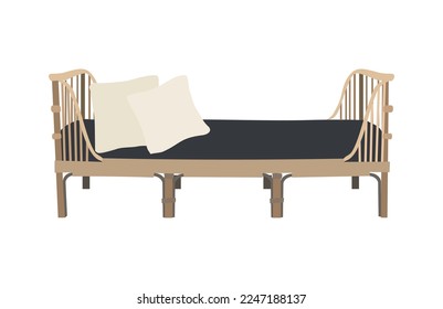 Outdoor, garden, porch zone furniture illustration. Cartoon style cozy back yard, boho living room furniture - rattan black comfortable day bed with pillows isolated on white background.