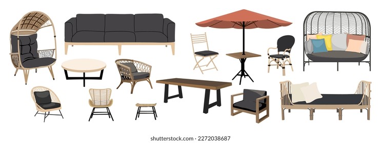 Outdoor garden, porch zone furniture vector set.