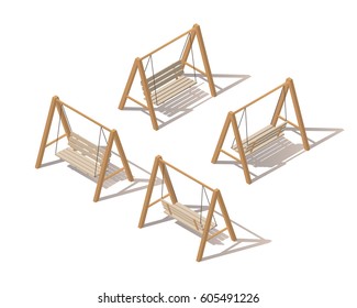 Outdoor Garden Wooden Hanging On Frame Porch Swing Bench Furniture With Ropes Isolated On White Background. Isometric Vector Illustration. Isometric Swing