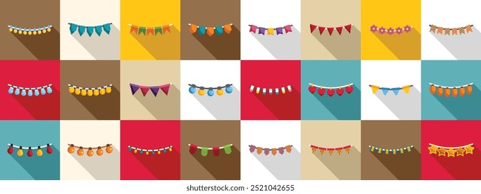 Outdoor garland icons set. Garland decoration flags holiday bunting icons set in flat style for any design