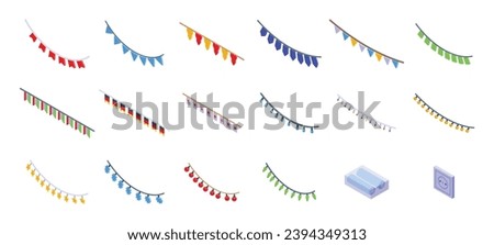 Similar – Image, Stock Photo A long, colorful pennant garland from the summer festival dries in the sun on the lawn after the rain.