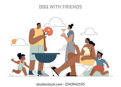 Outdoor gathering concept. Friends enjoy a barbecue on a sunny day, depicting leisure, food, and community. Casual summer fun with playful kids. Vector illustration.