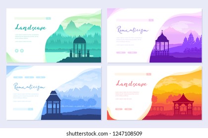 Outdoor gazebo in nature landscape. Romantic place on sunrise brochure card set. Landmark template of flyear, web banner, ui header, enter site. Layout invintation modern slider 