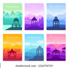 Outdoor gazebo in nature landscape vector brochure cards set. Romantic place on sunrise template of flyer, magazines, poster, books, banners. lifestyle invitation concept. Layout modern 