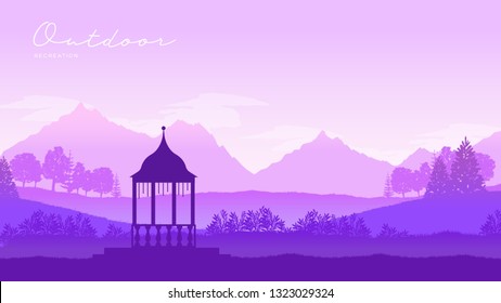 Outdoor gazebo in nature landscape vector brochure card. Romantic place on sunrise template land page wallapapers design . lifestyle invitation concept. Layout modern design