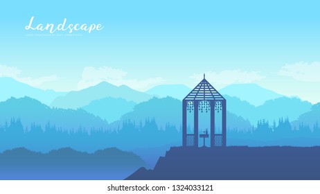 Outdoor gazebo in nature landscape vector brochure card. Romantic place on sunrise template land page wallapapers design . lifestyle invitation concept. Layout modern design