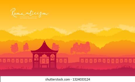 Outdoor gazebo in nature landscape vector brochure card. Romantic place on sunrise template land page wallapapers design . lifestyle invitation concept. Layout modern design