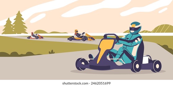 Outdoor Go-kart Race With Multiple Karts Speeding Along Scenic Track, Surrounded By Trees And Hills, Vector Illustration