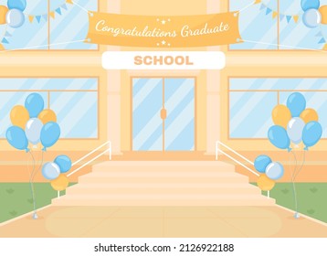 Outdoor graduation ceremony flat color vector illustration. School decorations. 2D simple cartoon cityscape with decorated school yard on background. Dancing Script, Archivo Black Regular fonts used