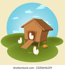 Outdoor green mountain chicken coop and hens