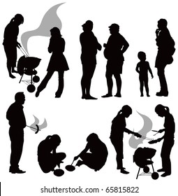 Outdoor grill. Black people silhouettes having picnic isolated on white background. Gray smoke.