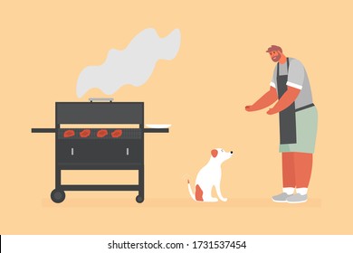 Outdoor grill party. A man trains and feeds a dog. Outdoor recreation. Cartoon vector illustration