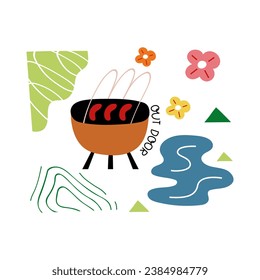 Outdoor grill. Print with grill and abstract shapes. Fashionable vector print.