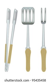 outdoor grill tongs, fork and spatula with woodgrain handles