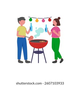 Outdoor Grilling Gathering Flat Vector Illustration