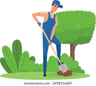 Outdoor ground digging. Green park or garden worker isolated on white background