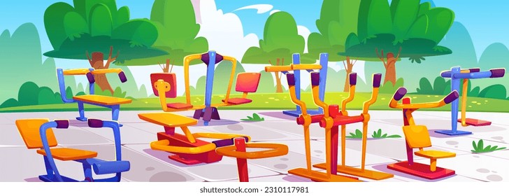 Outdoor gym equipment in summer park with green trees. Vector illustration of colorful machines for street workout exercising, fitness training in public garden, school yard or campus on sunny day