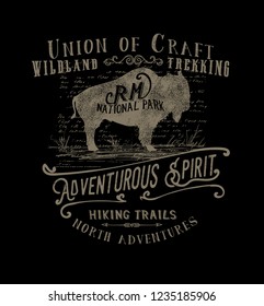 Outdoor handmade graphic.Adventurous spirit.Wild bison Tshirt print.