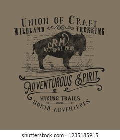 Outdoor handmade graphic.Adventurous spirit.Wild bison Tshirt print.