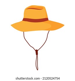 Outdoor Hat with cord. Hiking or Travelers Hat, isolated on white background. Hiking Bundles. Tourism and traveling concept. Equipment for tourism, hiking, climbing, adventure, travel, rest