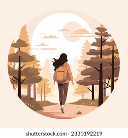 Outdoor-Wandern, Personenwandern, Trekking, mit Rucksack, Wandern in der Natur im Wald, Außenlandschaft, Frau in der Wildnis, Vektorgrafik, Muttierungen