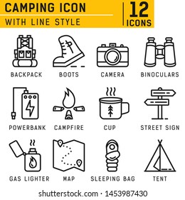 Outdoor hiking icon set for all projects with line style on isolated white background. Camping icon set contains such icons tent, sleeping bag, boot, binoculars, backpack, campfire, map, mug and other