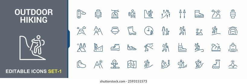 Outdoor hiking icon set. Included icons as water, travel, tour, forest, tourism, tent and more. Icon design. Icon illustration in modern style. Minimalist icon collections.