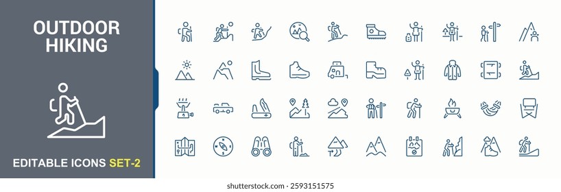 Outdoor hiking icon set. Included icons as water, travel, tour, forest, tourism, tent and more. Icon design. Icon illustration in modern style. Minimalist icon collections.