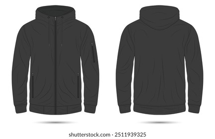 Outdoor hiking jacket hoodie template front and back view. Vector illustration