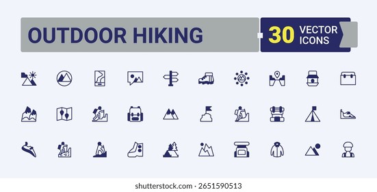 Outdoor Hiking linear icon. Related to hike, vacation, trip, mountain, camping, campfire, travel and more. Hiking icon collection. Thin outline icons pack. Conceptual pictogram and infographic.
