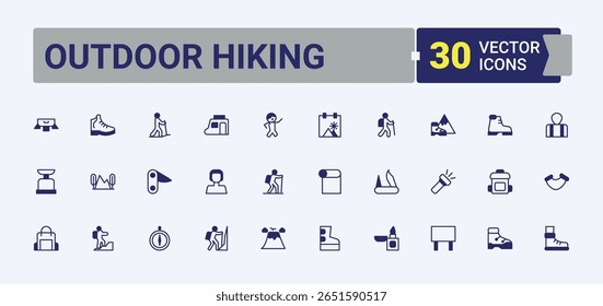 Outdoor Hiking linear icon. Related to hike, vacation, trip, mountain, camping, campfire, travel and more. Hiking icon collection. Thin outline icons pack. Conceptual pictogram and infographic.