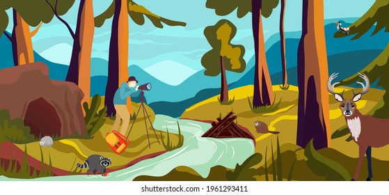 Outdoor hiking people character nature photographer, photo hunting man with camera, take picture deer flat vector illustration.