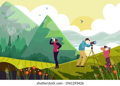 Outdoor hiking people character watch bird mountain and lake, ornithologist family together observe fowl flat vector illustration.