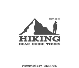 Outdoor, hiking, travel badge, label. Tourism emblem. Can be used as logo for camping shop, mountain equipment store, trekking club. Adventure logotype in monochrome design. Vector illustration