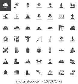 Outdoor and hiking vector icons set, modern solid symbol collection, filled style pictogram pack. Signs logo illustration. Set includes icons as campfire wood, camping tent, pot and bonfire, park tree
