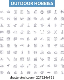 Outdoor hobbies line icons, signs set. Hiking, Camping, Fishing, Hunting, Climbing, Kayaking, Canoeing, Surfing, Swimming outline vector illustrations.