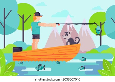 Outdoor hobby male character fisherman hold fishing rod, man with dog relax in boat flat vector illustration, nature landscape.