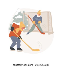 Outdoor hockey abstract concept vector illustration. Kids in casual clothes on skating rink in a park, playing hockey with friends outdoors, active lifestyle, physical activity abstract metaphor.