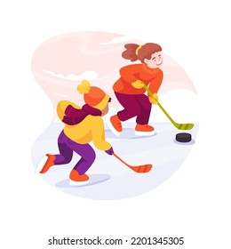 Outdoor Hockey Isolated Cartoon Vector Illustration. Kids In Casual Clothes On Skating Rink In A Park, Playing Hockey With Friends Outdoors, Active Lifestyle, Physical Activity Vector Cartoon.