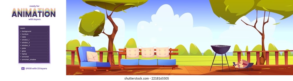 Outdoor home terrace 2d layers ready for game animation. Wooden patio with bbq, logs, sofa and armchair, green trees and lawn view. Area for relaxation parallax background, Cartoon vector illustration