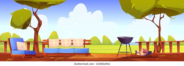 Outdoor Home Terrace, Wooden Patio With Bbq, Logs, Sofa And Armchair, Green Trees And Lawn View. Area For Relaxation On Wood Floor On Scenery Nature Landscape Background Cartoon Vector Illustration