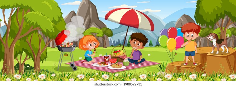 Outdoor horizontal scene with many kids picnic at the park illustration