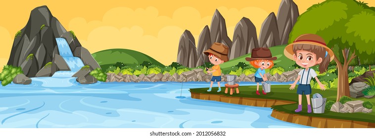 Outdoor horizontal scene with many kids in the park illustration