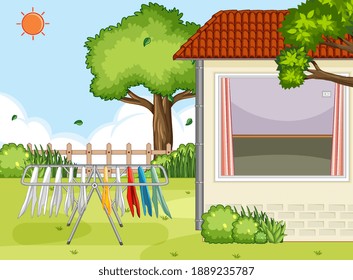 Outdoor house area with clothes hanger scene illustration