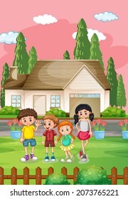 Outdoor house scene with many children illustration